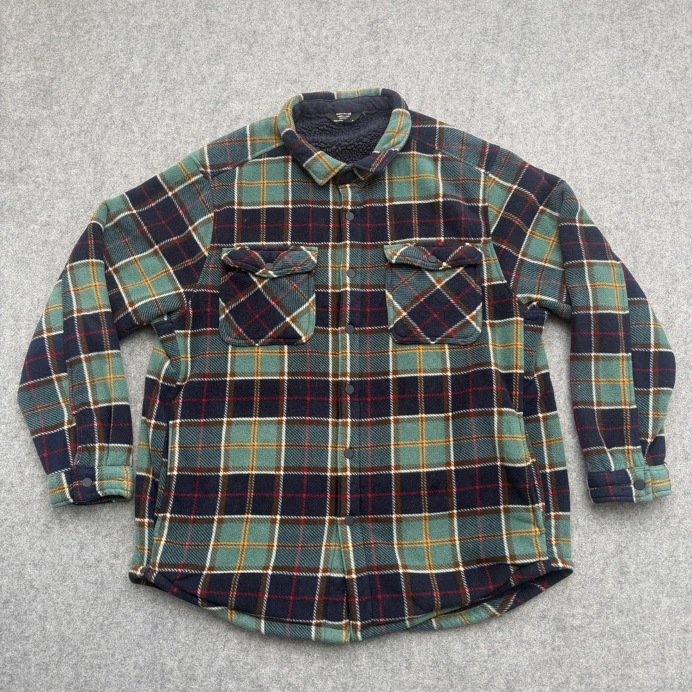 Members Mark Sherpa Lined Shacket Mens XL Green Plaid Fleece Shirt Jacket